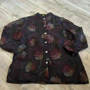 Mirasol Silk Blend Floral Textured Button Down Blouse Shirt Sz L